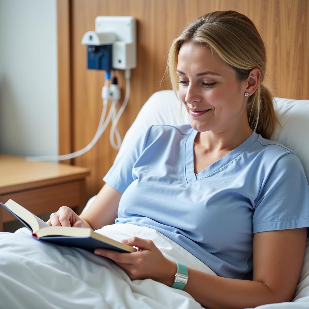 Patient receiving infusion therapy comfortably seated in a hospital bed, demonstrating a positive patient experience during treatment.