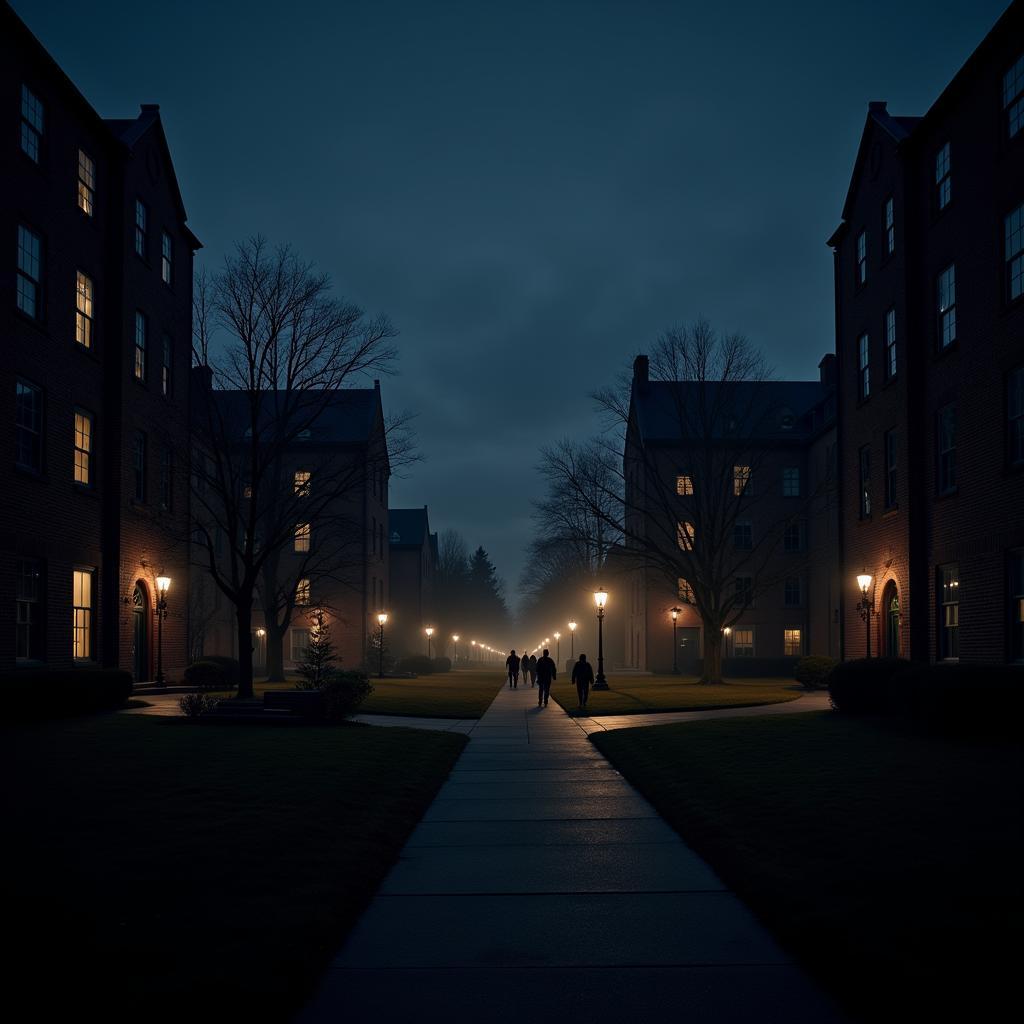 Penn State campus at night with shadowy figures