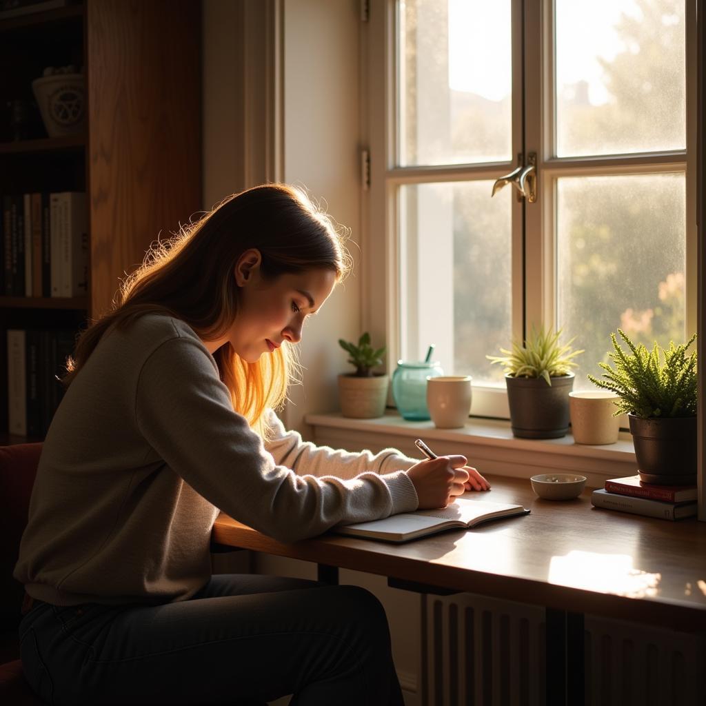 Person Writing in Planner in Peaceful Setting