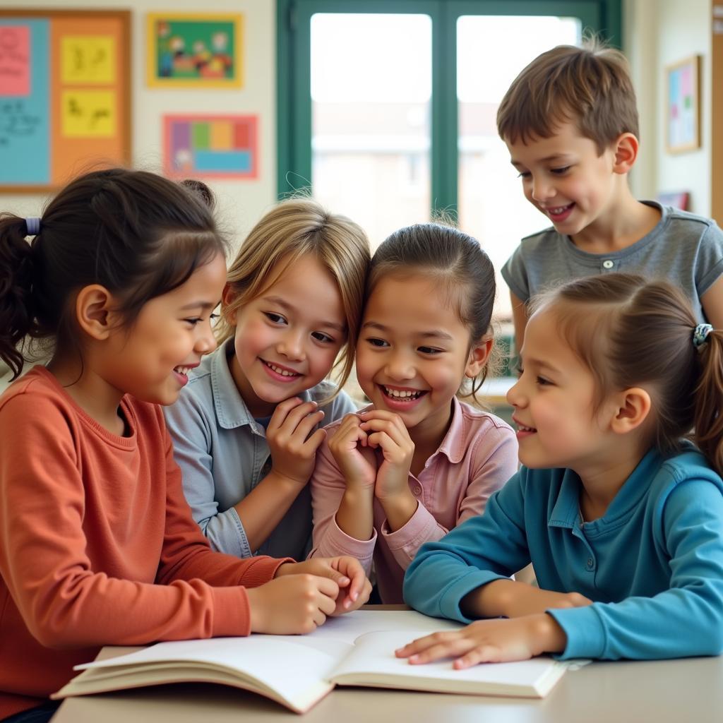 Children from diverse backgrounds learning and playing together harmoniously.