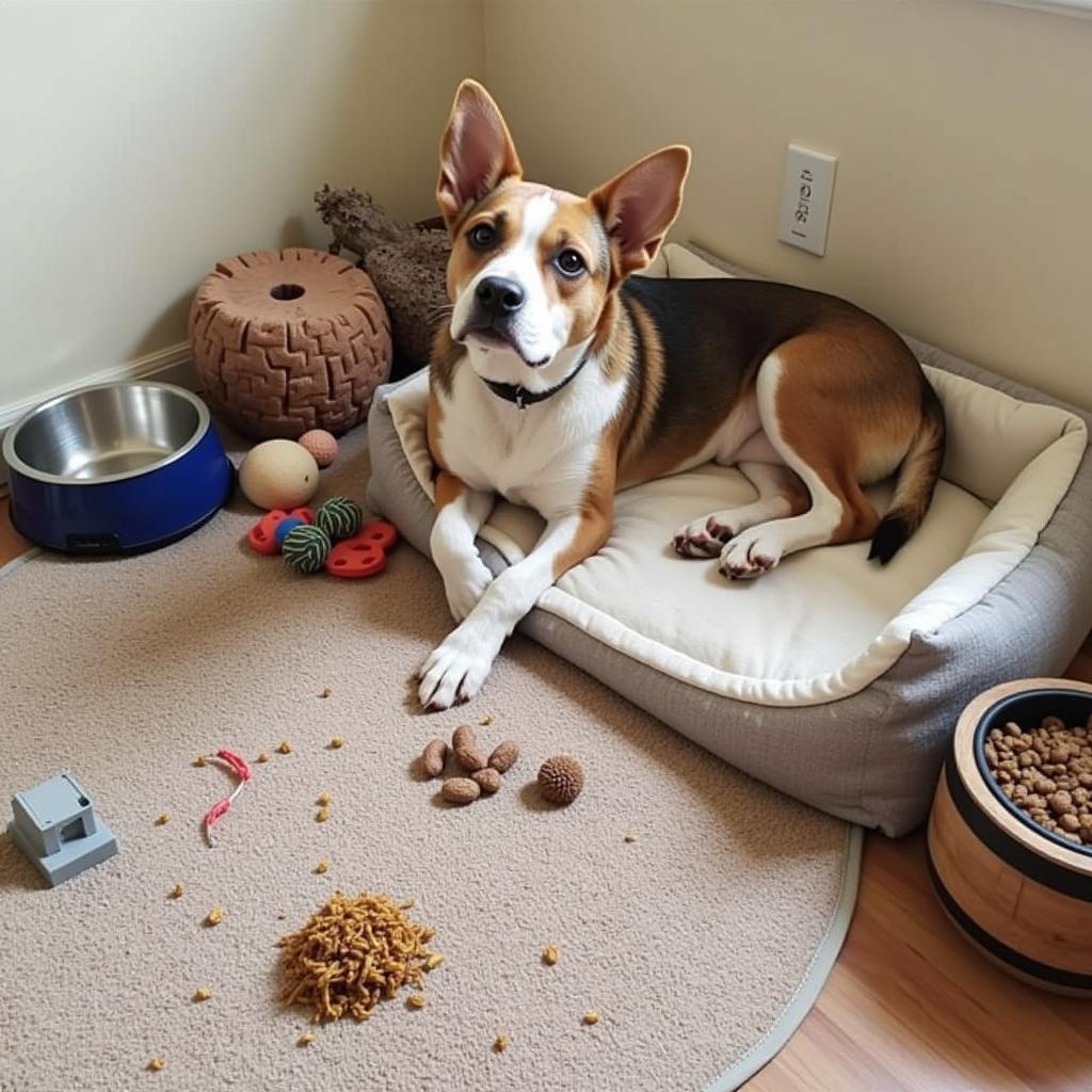 Preparing a home for an adopted pet with a bed, toys, and food bowls.