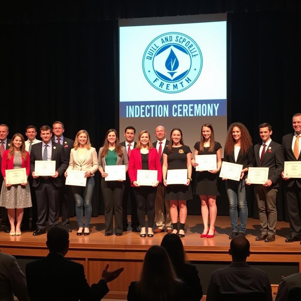 Students being inducted into the Quill and Scroll Honor Society during a ceremony