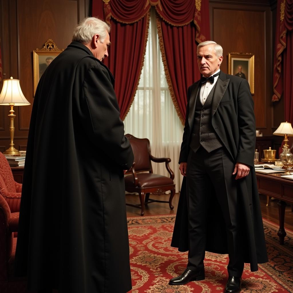 Rainsford confronting Zaroff in his opulent manor, symbolizing the final confrontation between opposing ideologies.