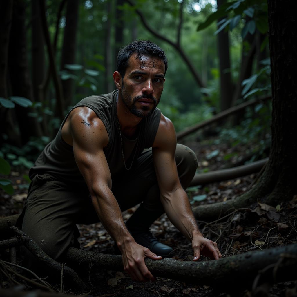 Rainsford setting intricate traps in the jungle, his expression grim and focused.