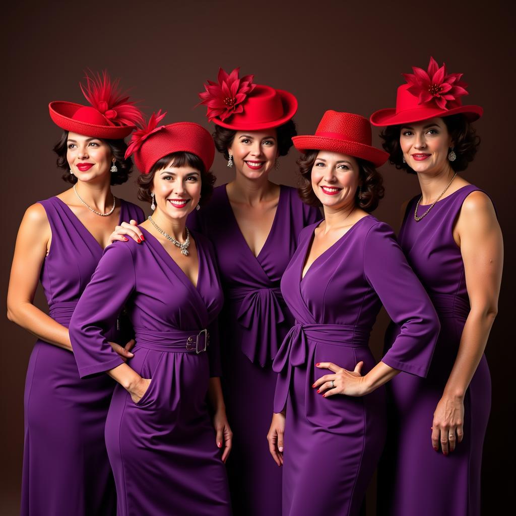 Elegant Ladies in Red Hats and Purple Dresses Clipart