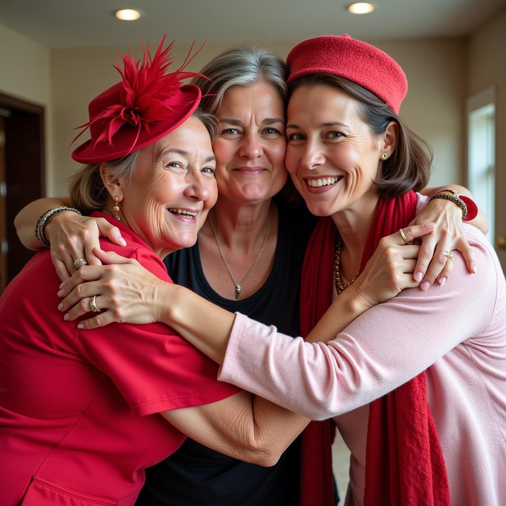 Red Hat Society members embracing friendship