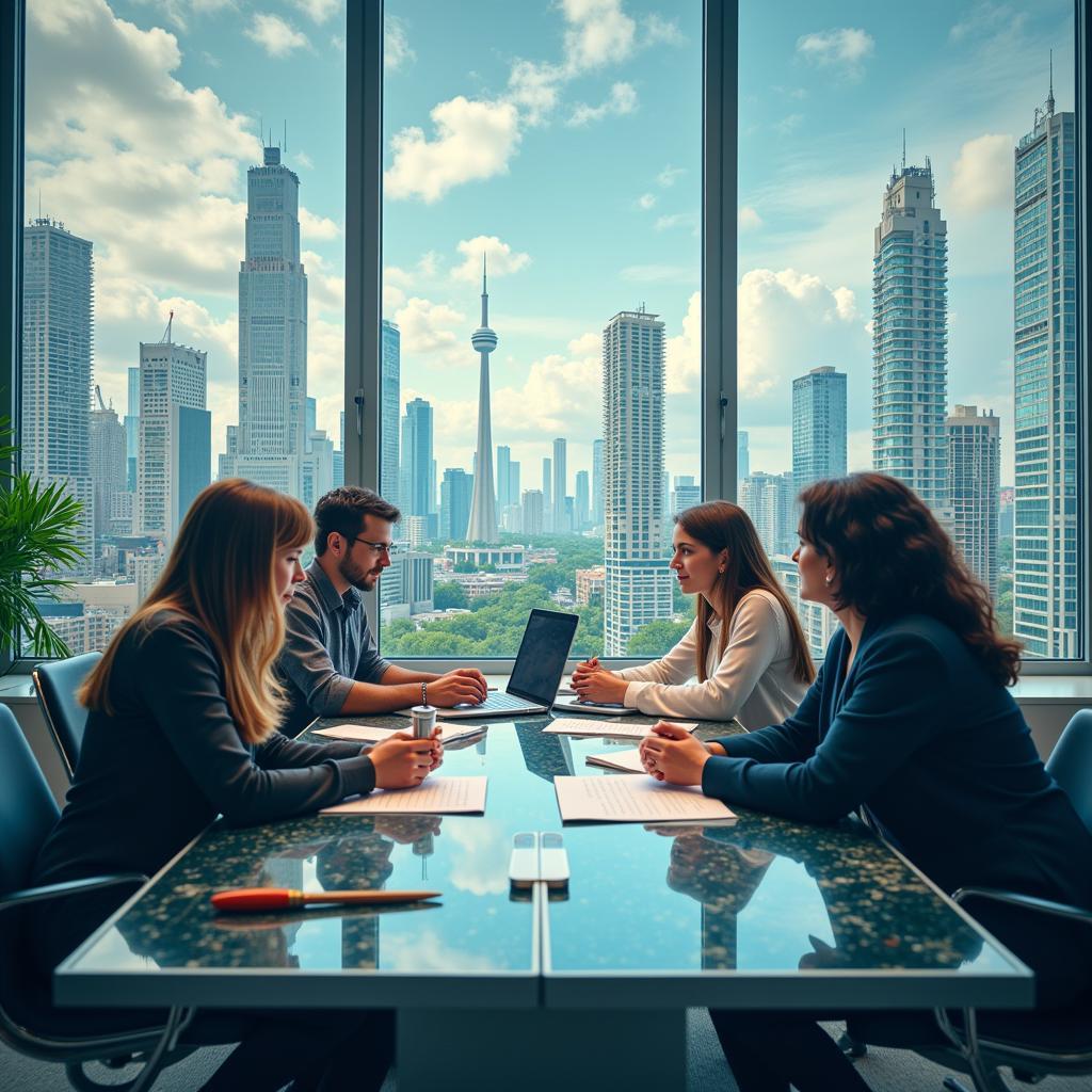 Building a resilient future for society: Image of diverse people working together on a collaborative project with a futuristic cityscape backdrop.