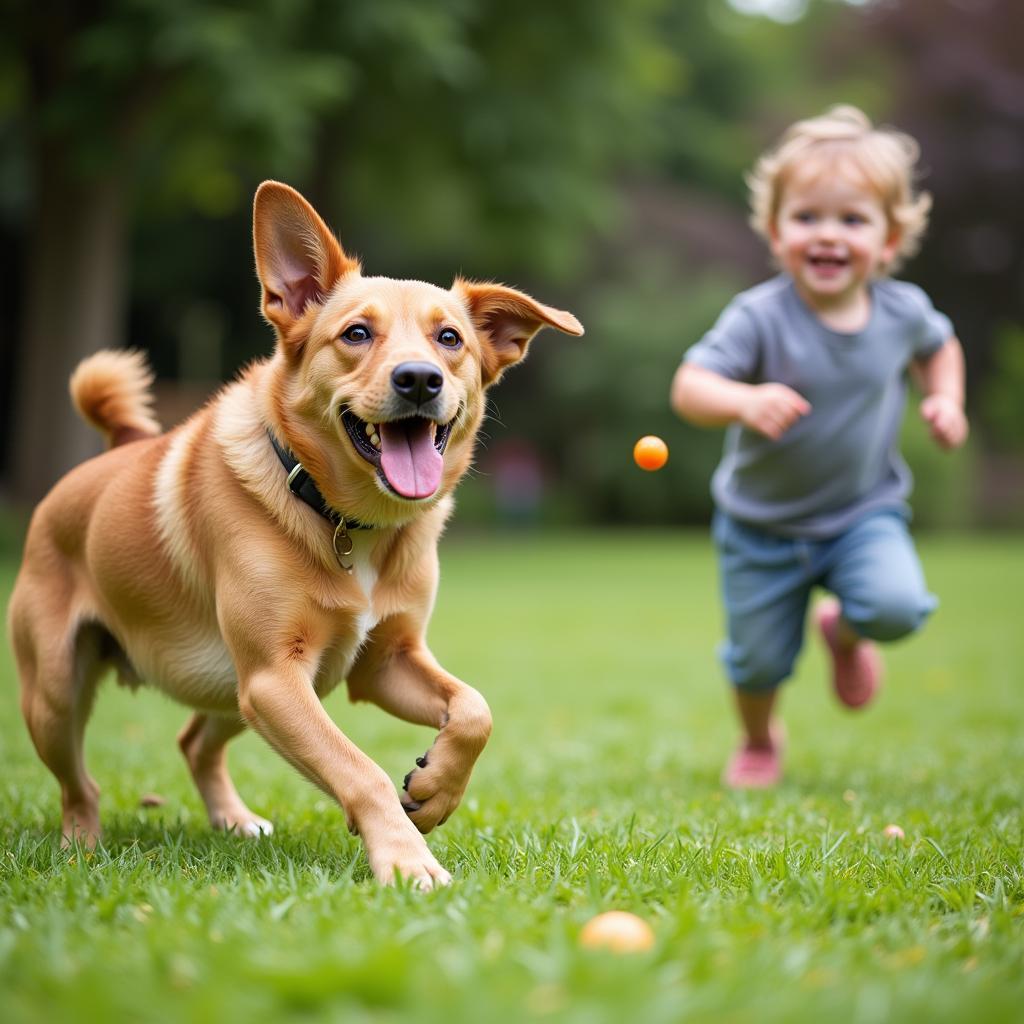 A happily adopted dog playing in its new home