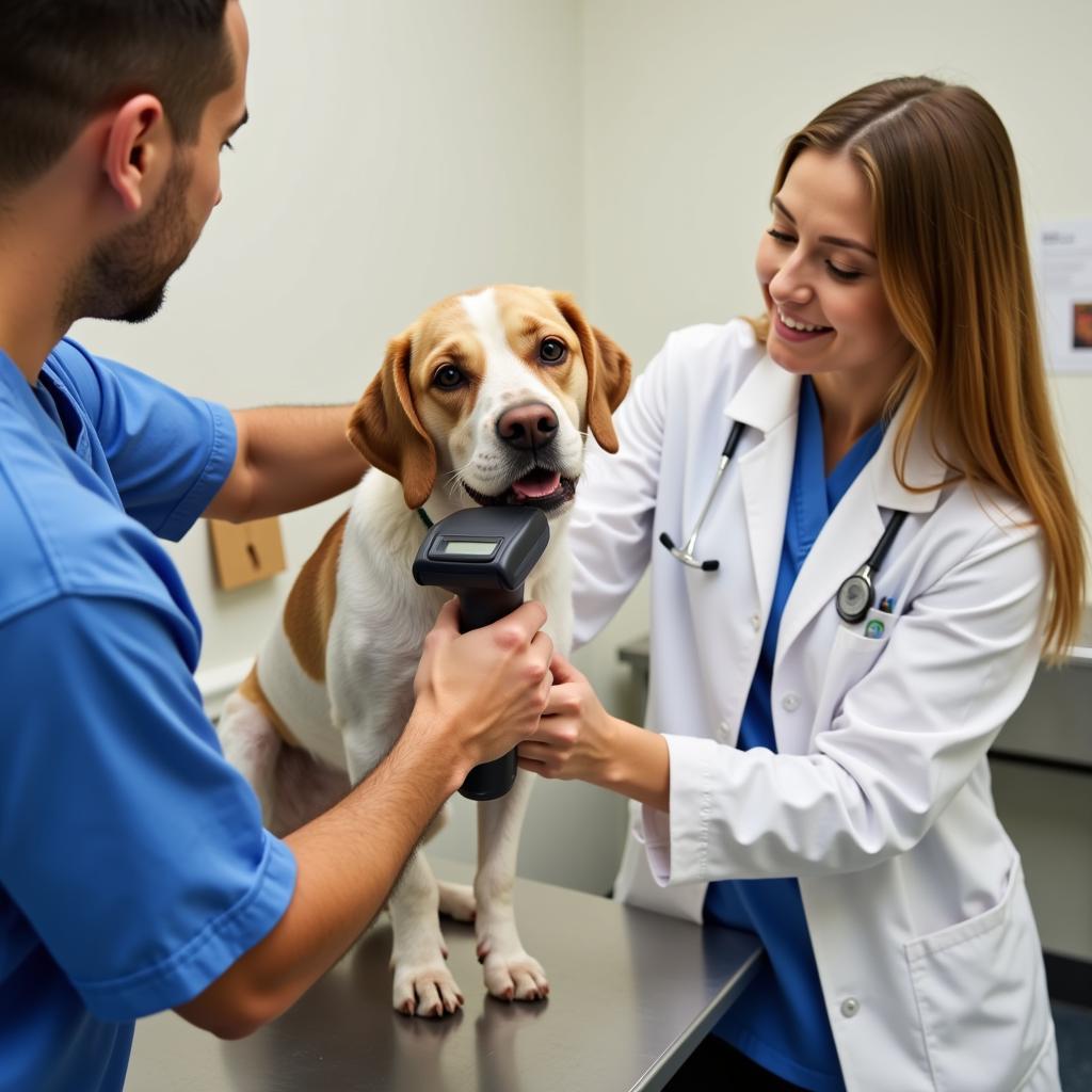 A veterinarian scans a dog for a microchip at the SD Humane Society.