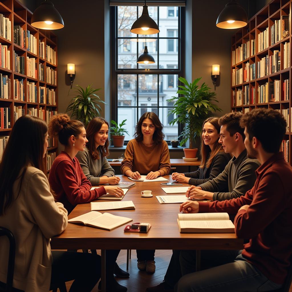 A book club discussing a secret society novel