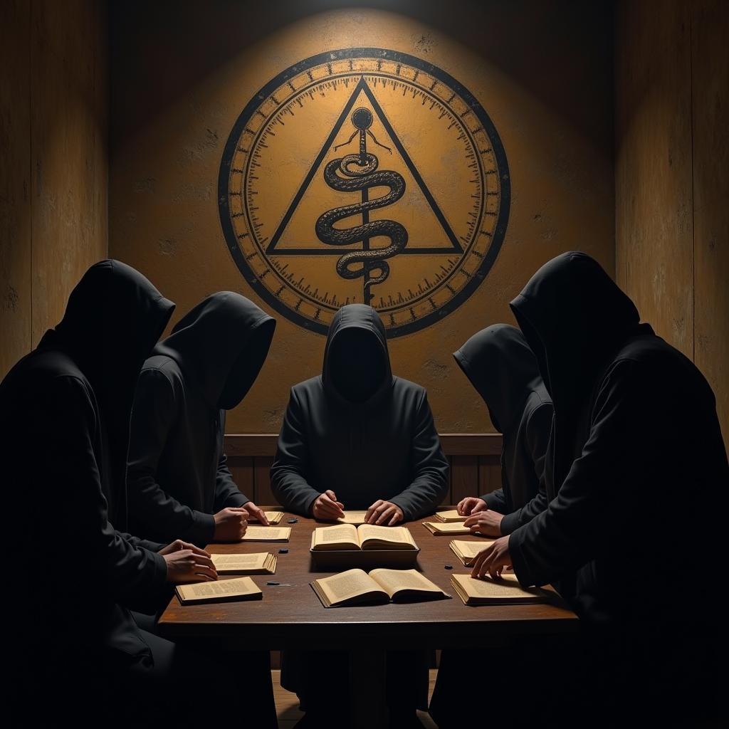 Secret Society Meeting around a Table with Books and a Snake Symbol