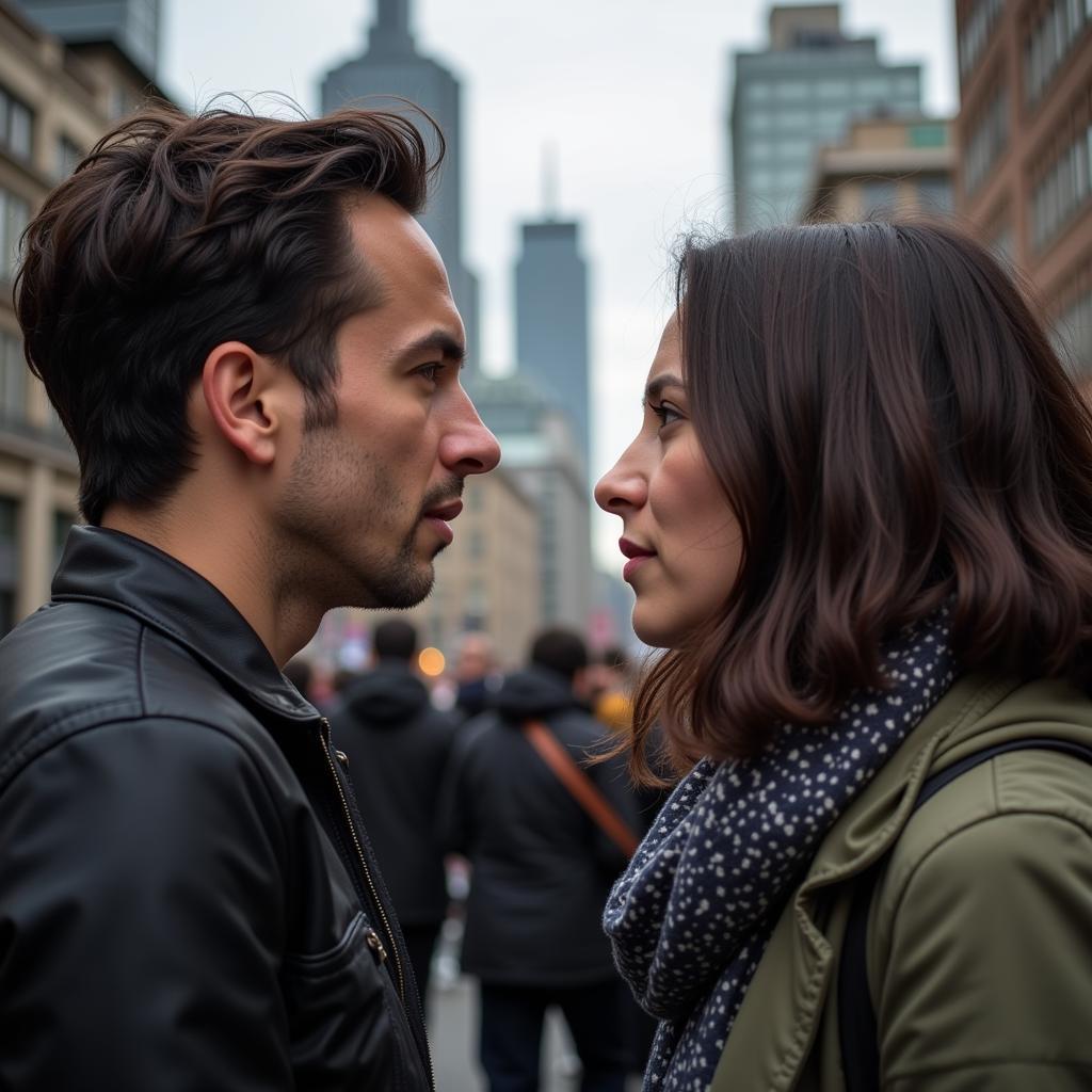 Social unrest as a society glitch: Illustration of a divided crowd facing each other with a blurred background of city buildings.