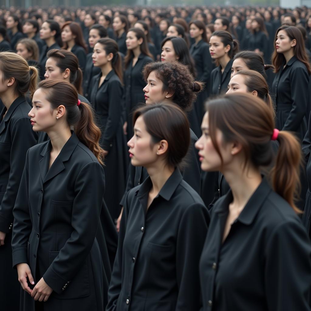 Individuals dressed uniformly, blending into a crowd