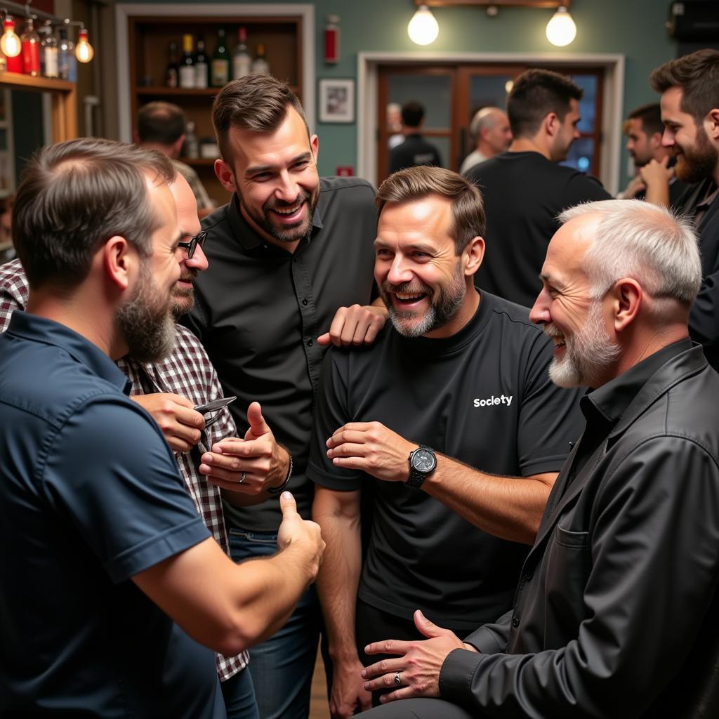 Diverse group of men socializing in a society barber shop