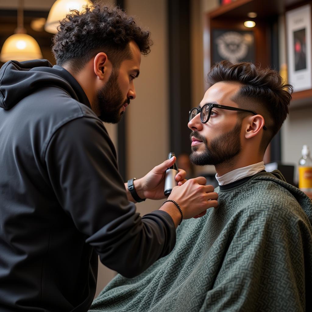 Barber and client engaged in meaningful conversation at Society Barbershop Boston