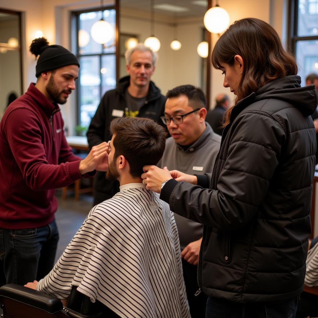 Community event at Society Barbershop Boston promoting unity and connection