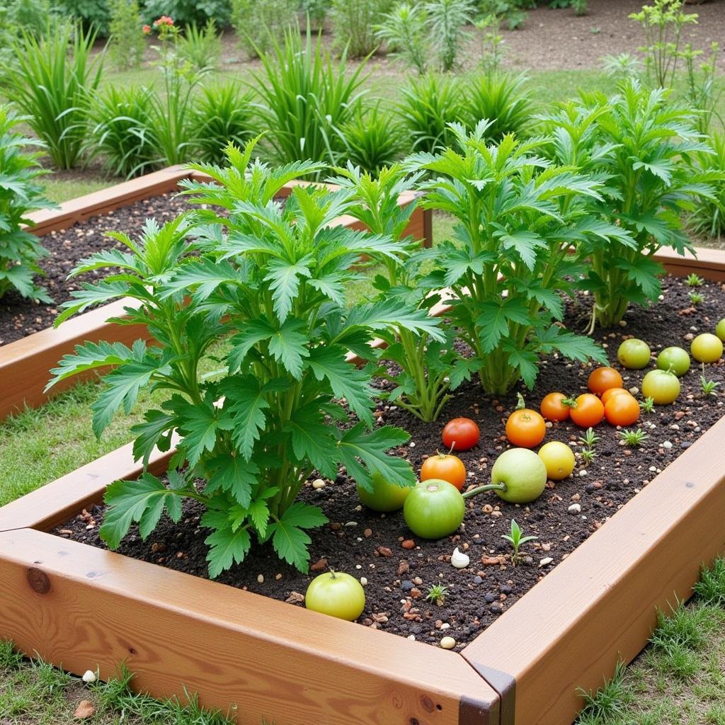 Society garlic planted as companion plants with vegetables