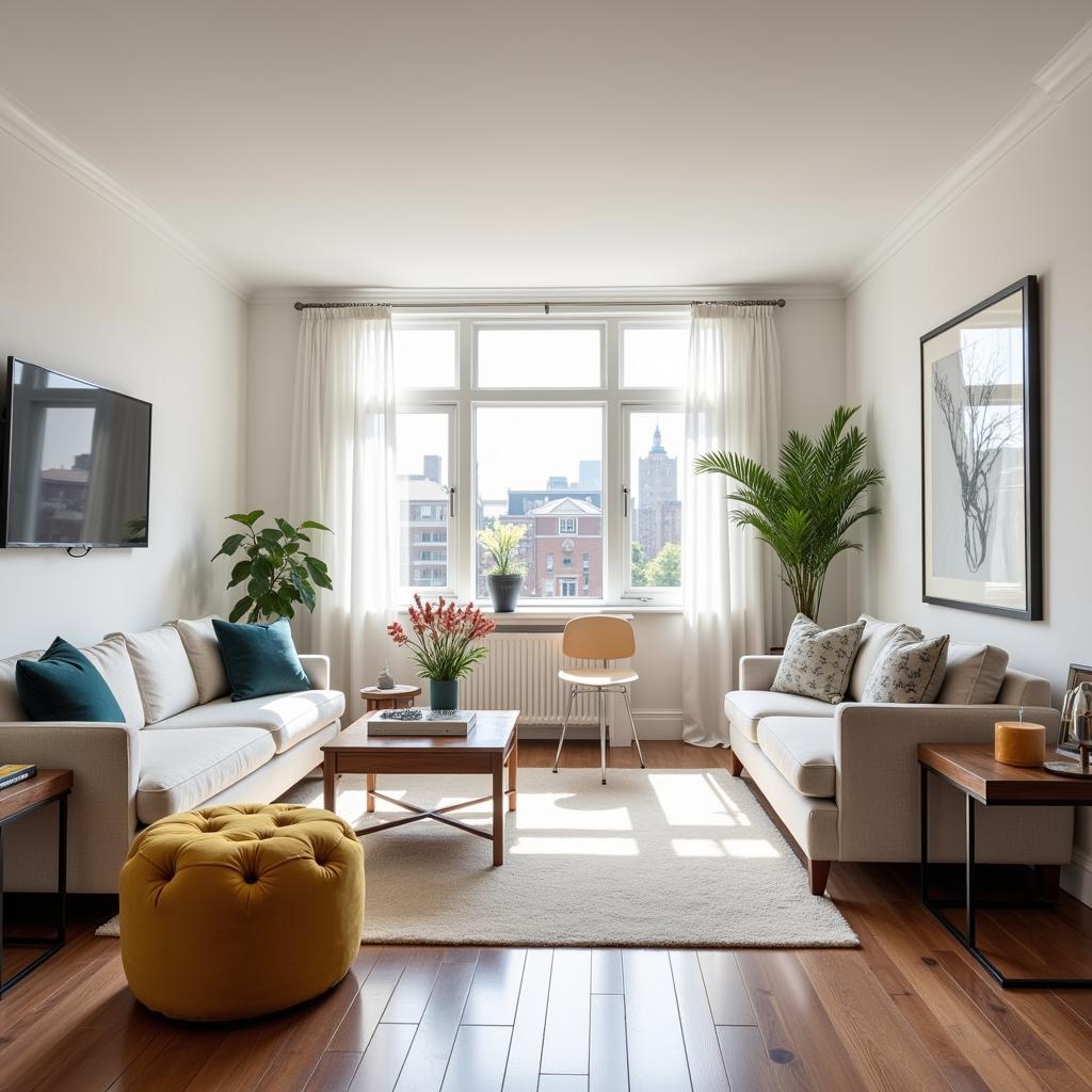 Modern and stylish living room in a Society Hill apartment, featuring large windows, comfortable furniture, and tasteful decor.