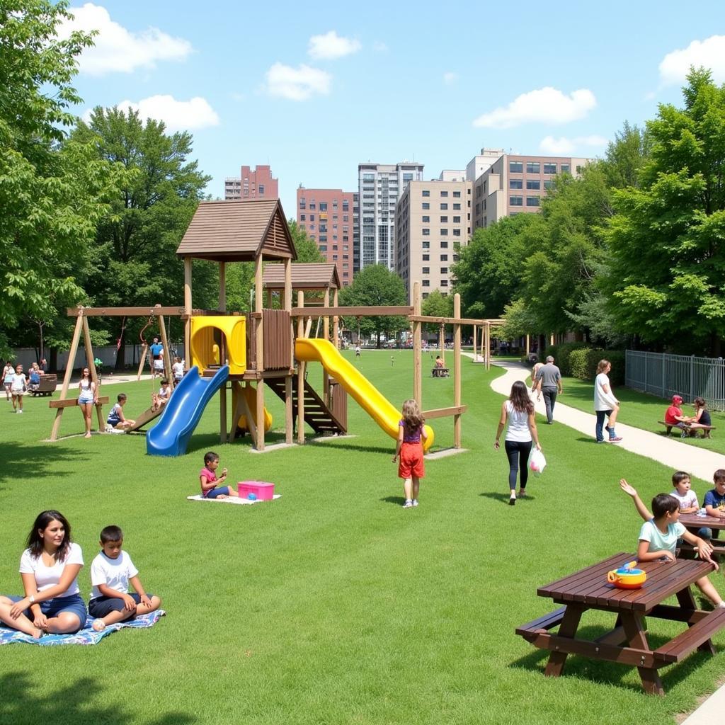 Families enjoying a sunny afternoon in a park within the Society Hill neighborhood of Jersey City.  Children are playing on the swings and slides while adults relax on benches.