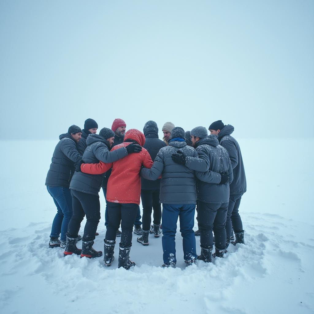 Team members supporting each other during a blizzard in a snowy landscape