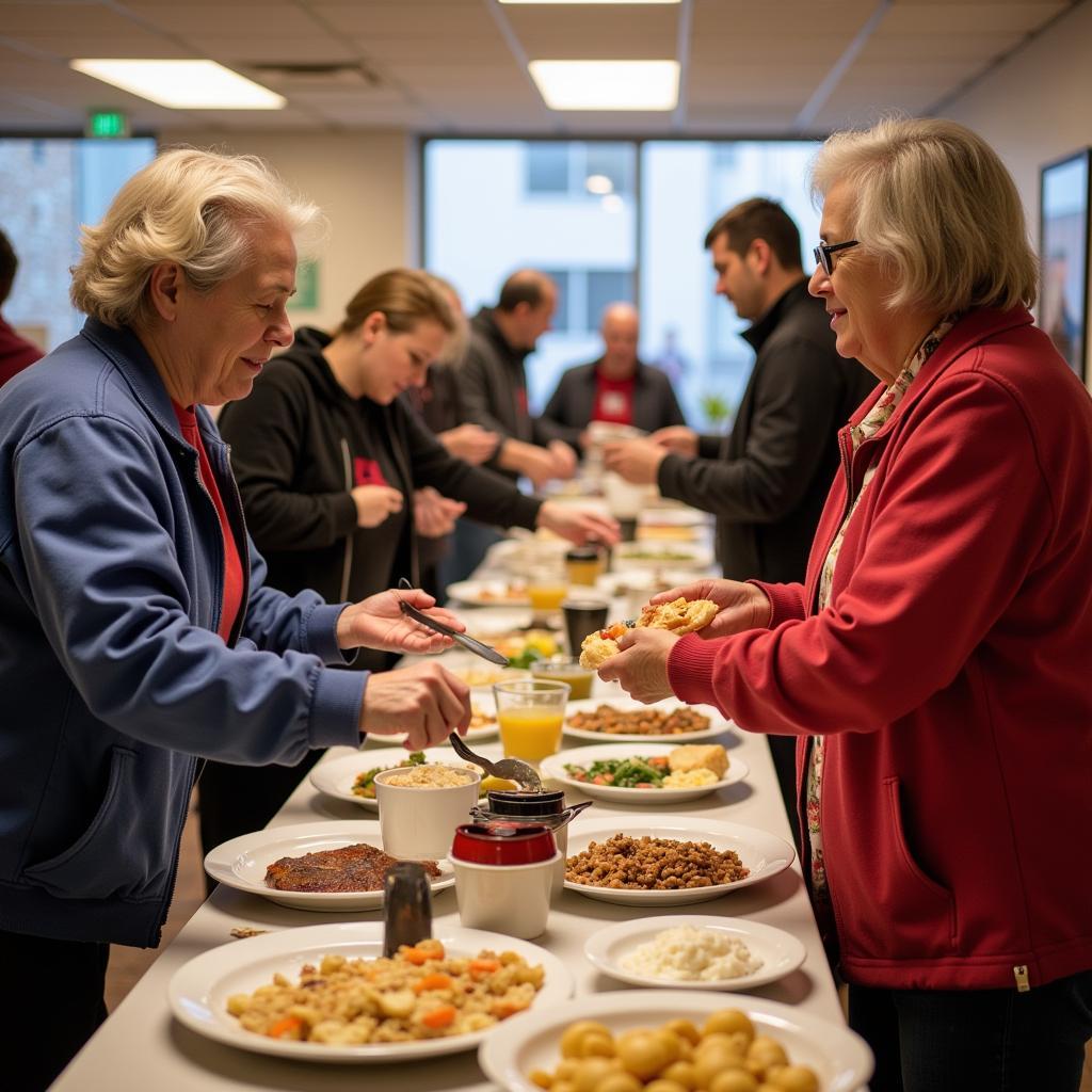 St. Vincent de Paul Society volunteers serving a community meal to individuals and families.