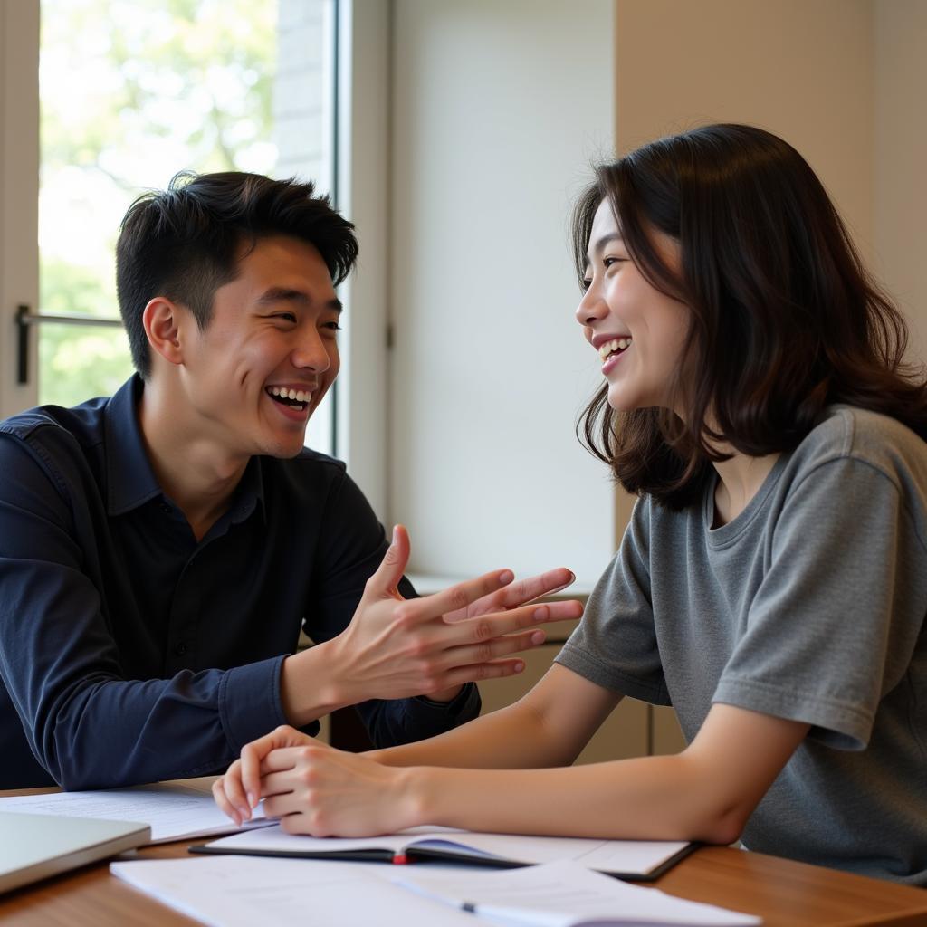 Students practicing Japanese conversation in pairs during a Japan Society class.