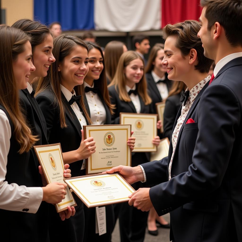 Students receiving their honor society certificates at the induction ceremony