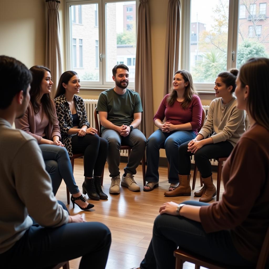 People in a support group meeting, symbolizing the importance of community resources in the third shift society.