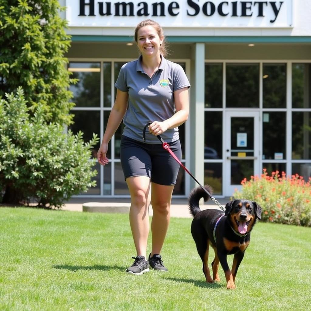 Supporting the Grants Pass Humane Society: A volunteer walks a dog at the Grants Pass Humane Society, highlighting the importance of community involvement in supporting the organization's mission.