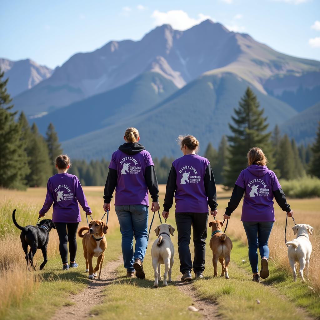 Telluride Humane Society Volunteers: Volunteers walking dogs at a scenic mountain location near Telluride.  They are wearing Telluride Humane Society volunteer shirts.