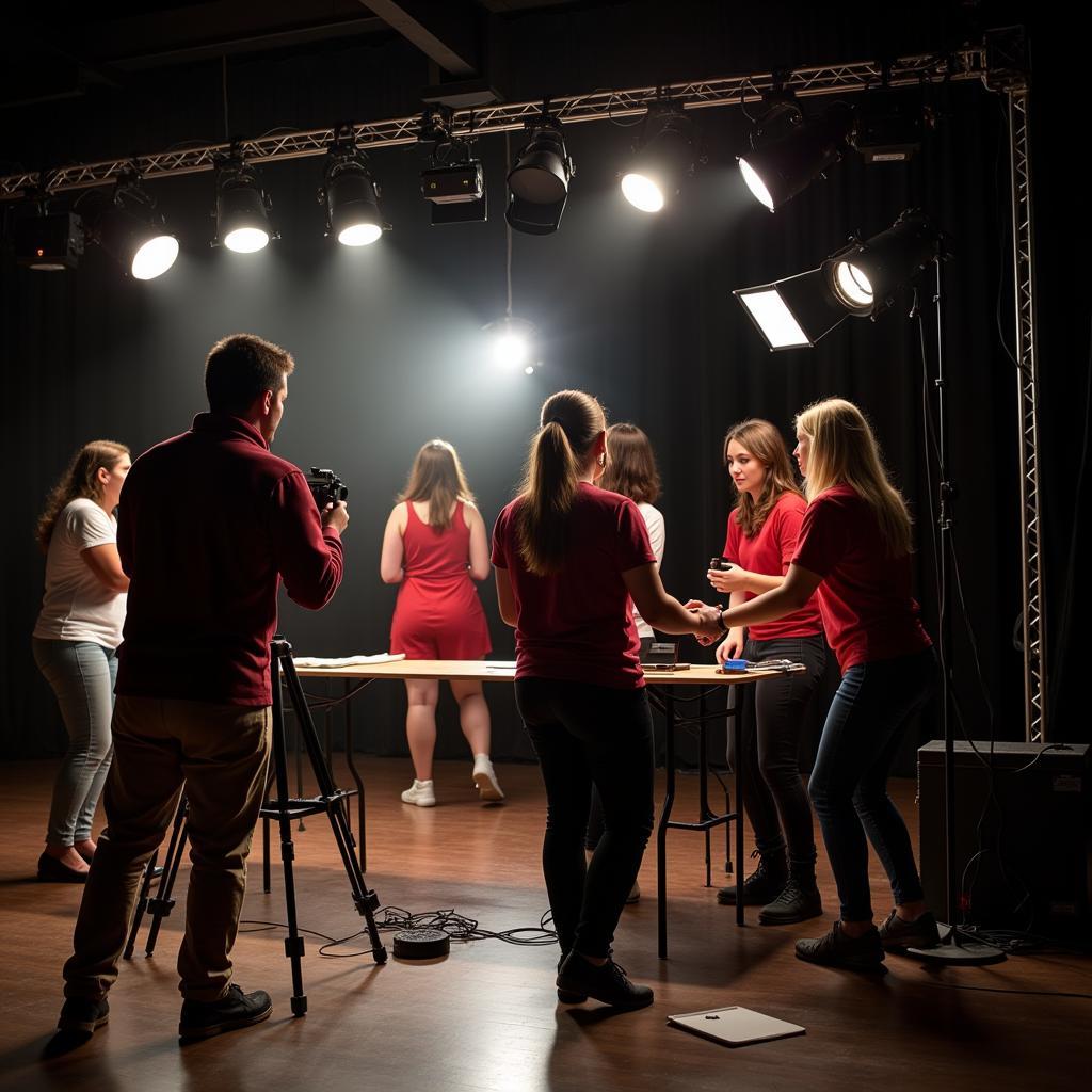 Thespian Society students collaborating backstage