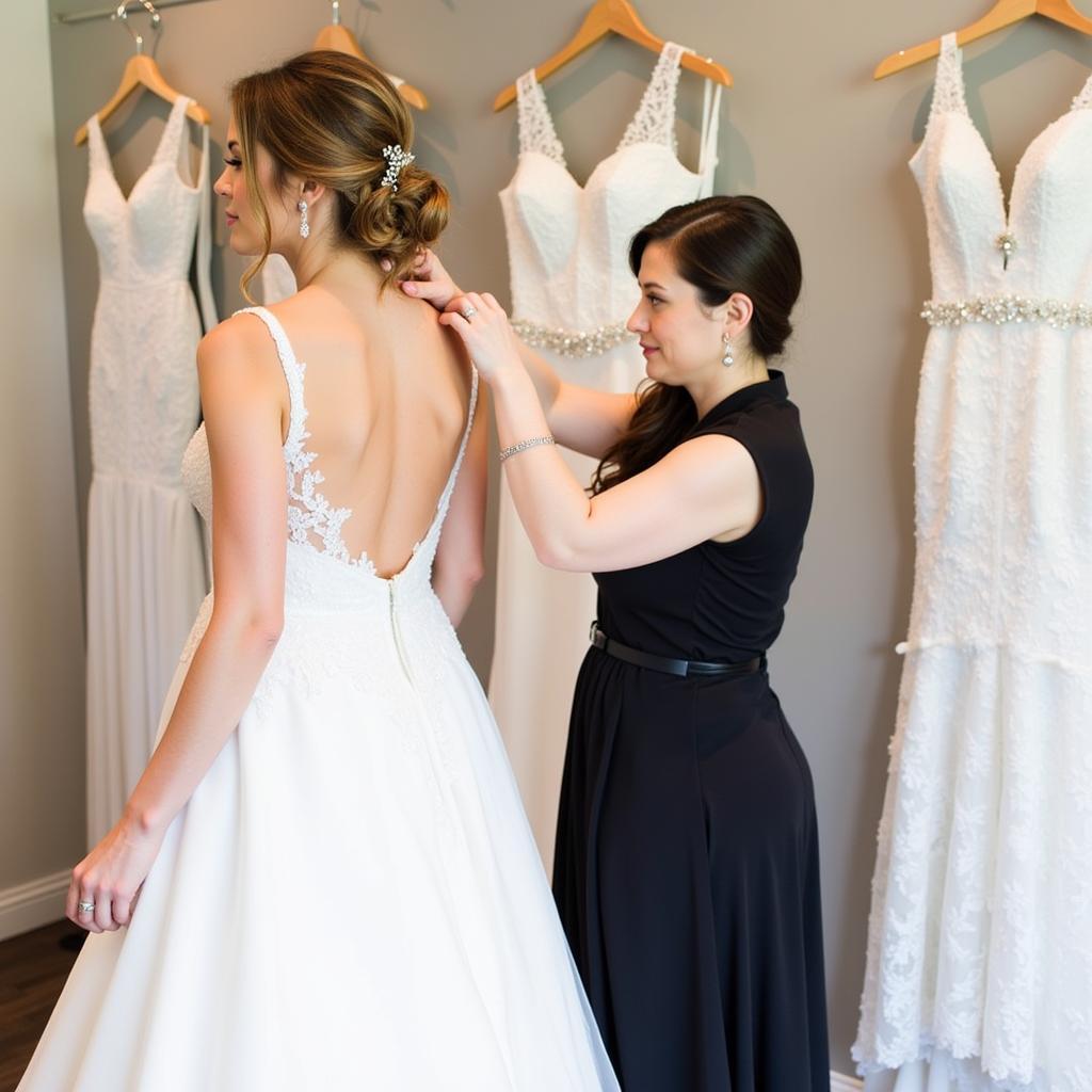 Bride Trying on Wedding Dress with Consultant