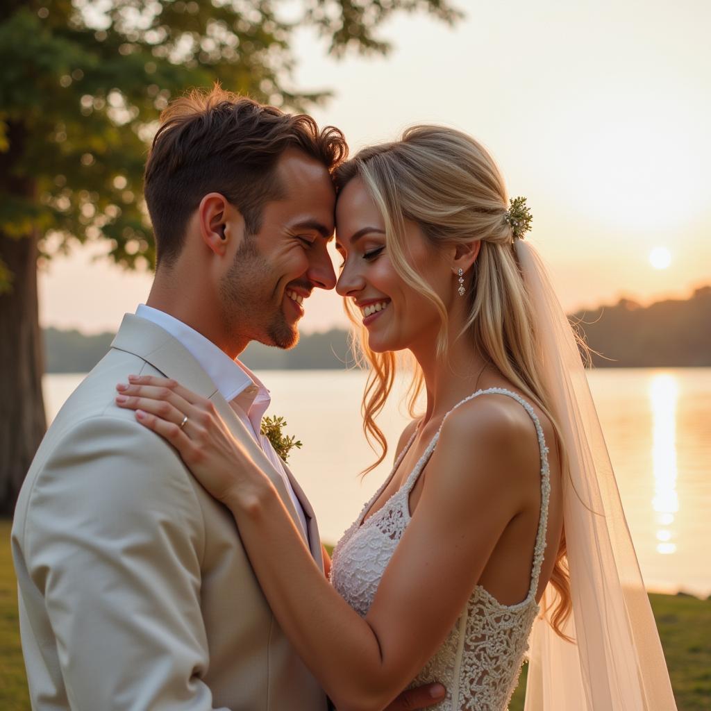 A bride and groom embracing on their wedding day