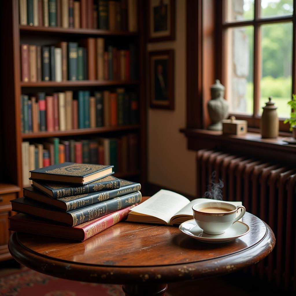 Used Folio Society books arranged on a reading table with a warm cup of tea.