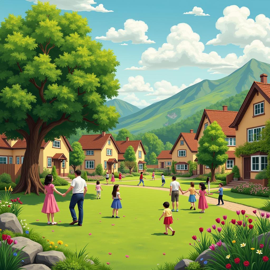 A Village Green Scene with a Community Gathering