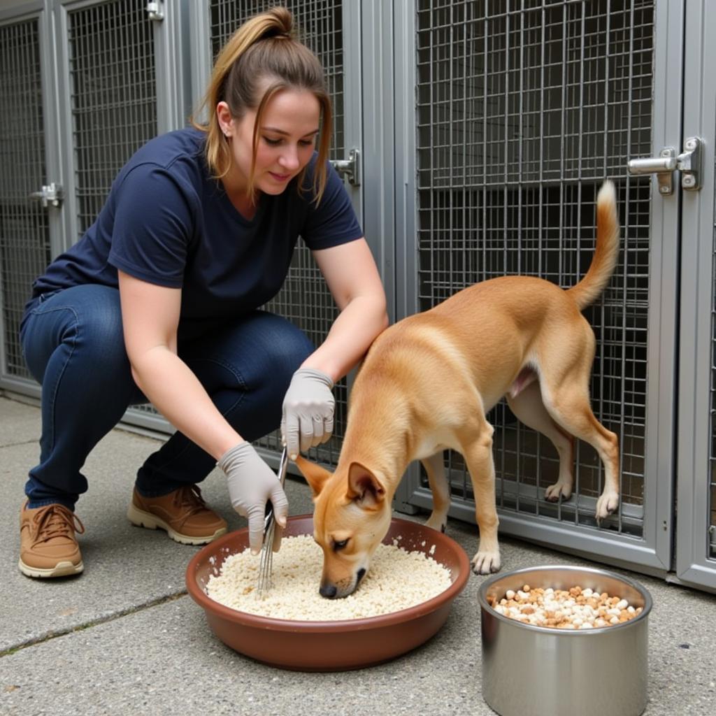 Volunteer helping animals at an animal shelter