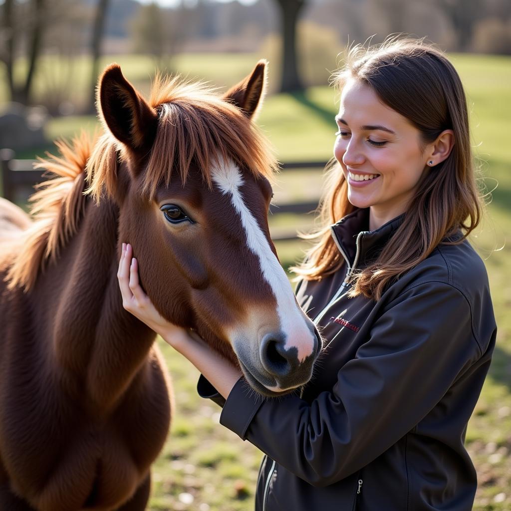 A volunteer grooming a rescued pony at a sanctuary