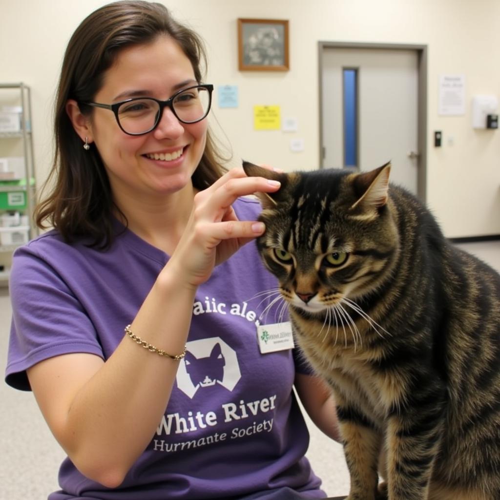 Volunteer helping animals at the White River Humane Society in Bedford, Indiana