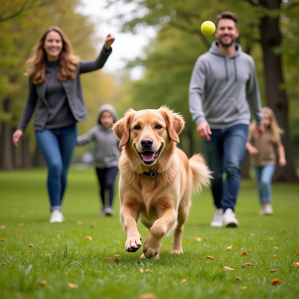 A recently adopted dog happily plays in the park with its new family.