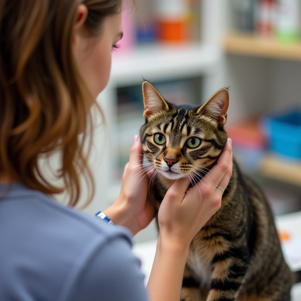 A volunteer caring for a cat at the Washington Area Humane Society