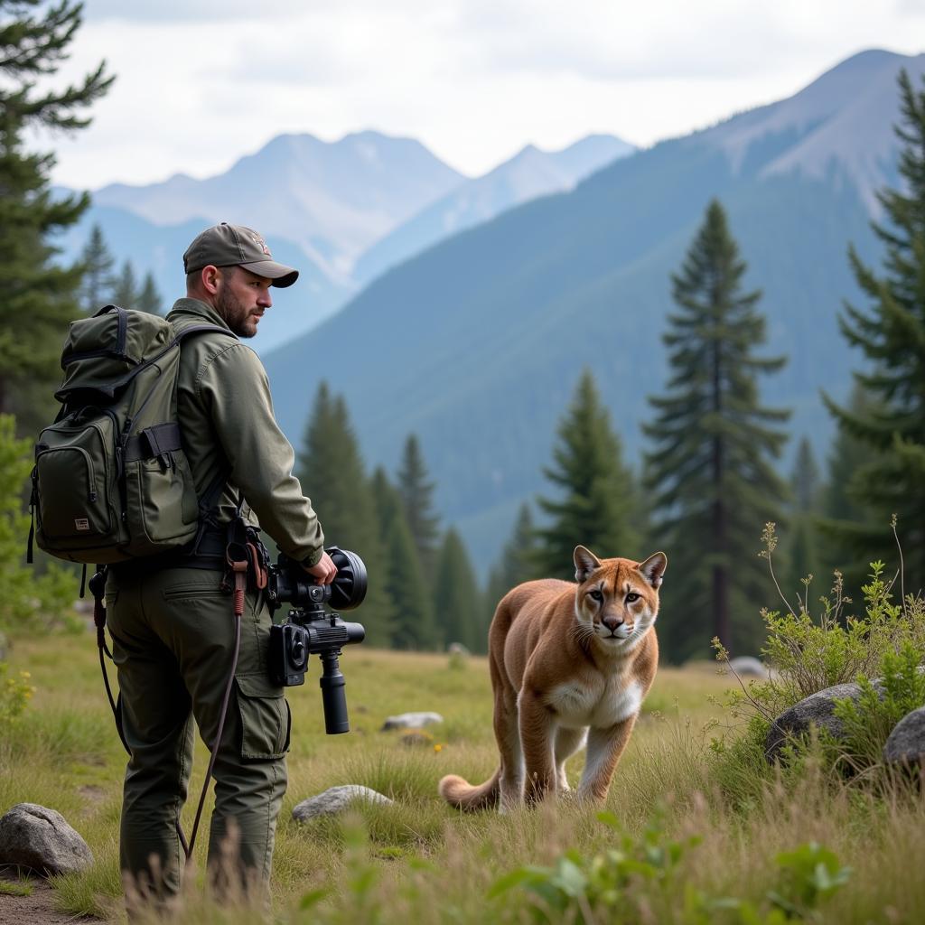 A wildlife biologist studying a mountain lion in its natural habitat, using radio telemetry equipment.