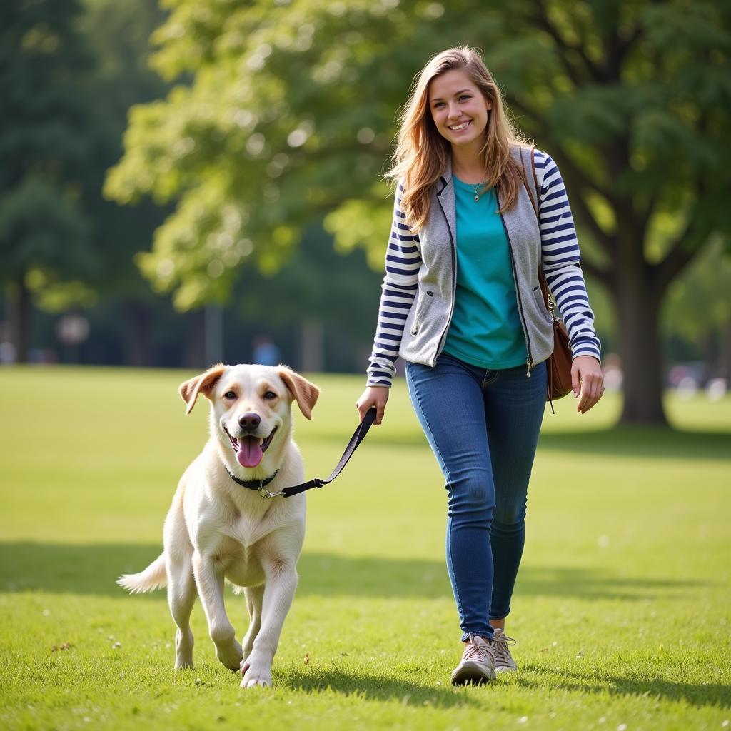 A volunteer walking a dog at the Wiregrass Humane Society.