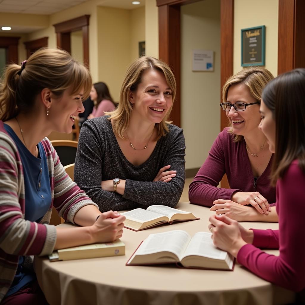 Women studying a Relief Society lesson together, fostering unity and understanding.