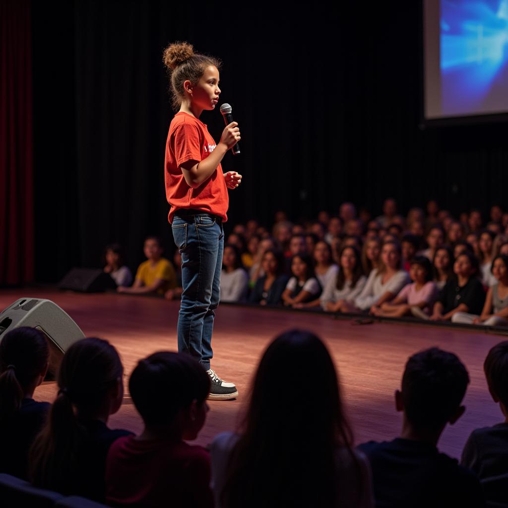 A young poet confidently performing their work on stage.