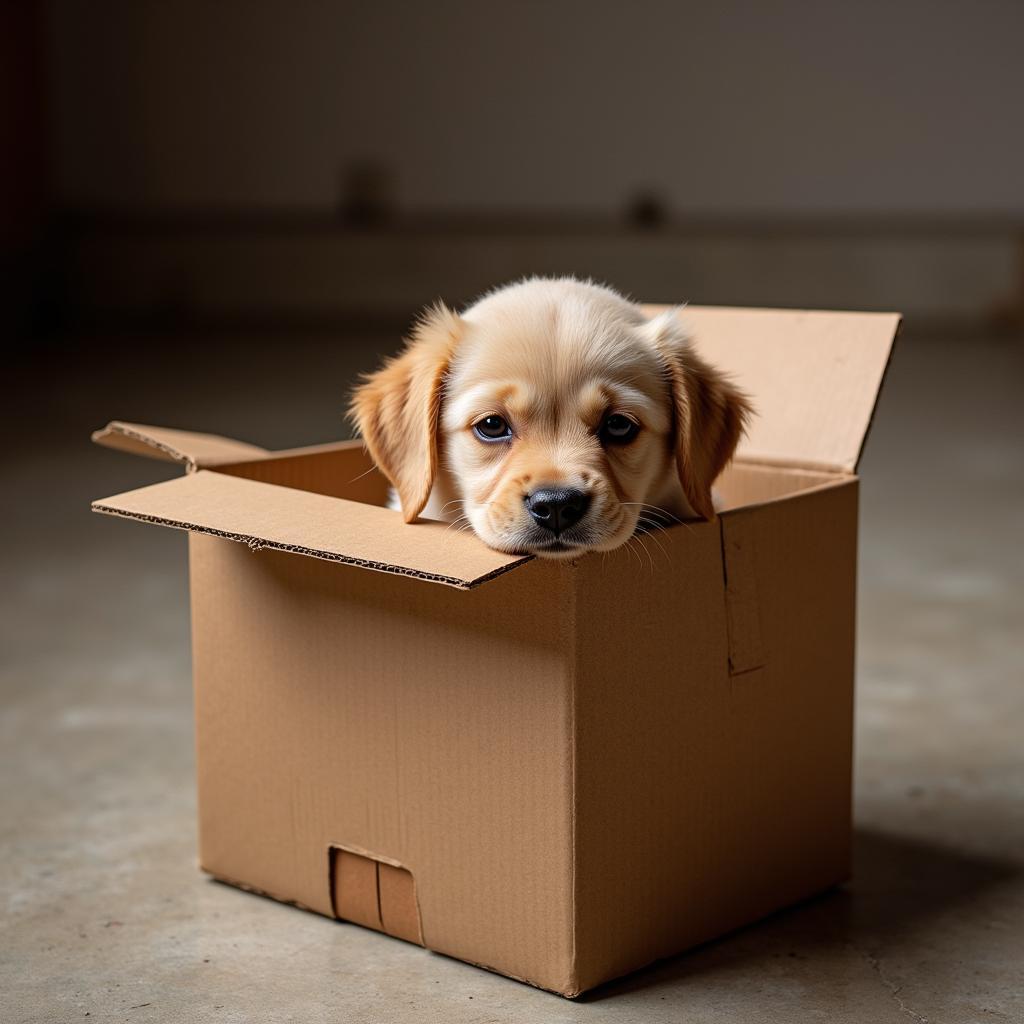 A small, abandoned puppy left in a cardboard box