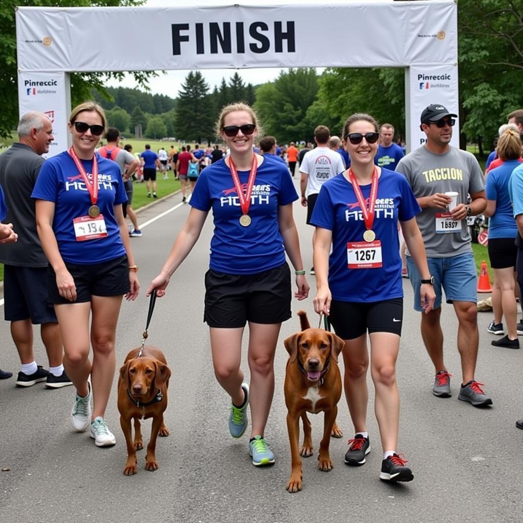 Participants celebrating at the finish line of the American Cancer Society Dog Walk Challenge.