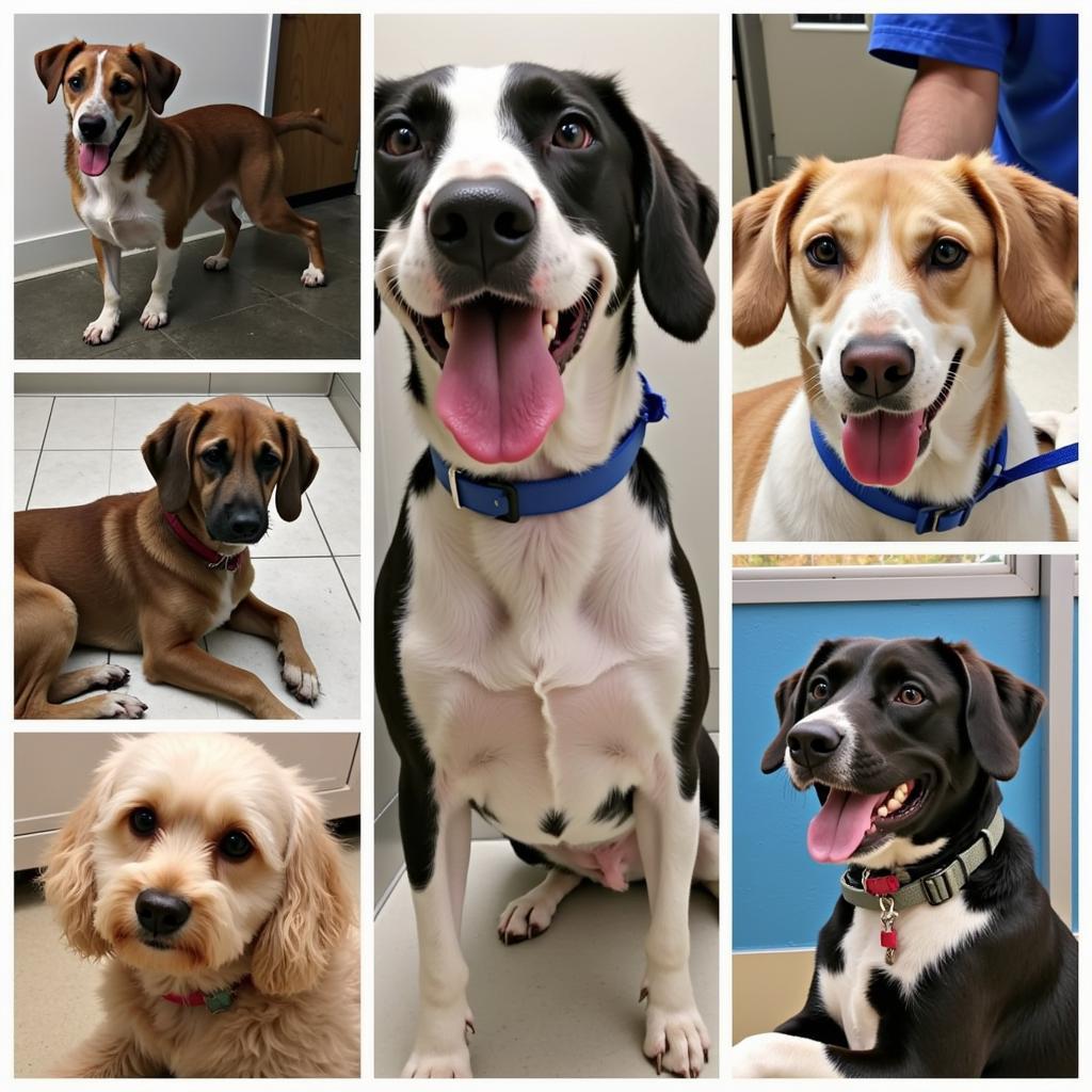 Various adoptable dogs and cats at a humane society.