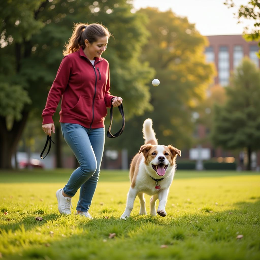 A happy adopted dog playing with its new owner