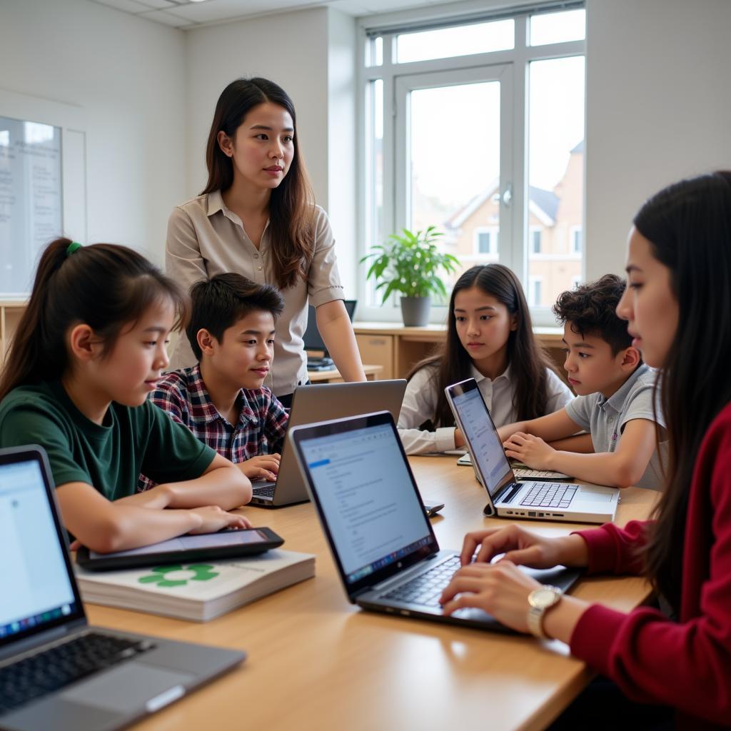 Modern American Overseas School Classroom: Students engaged in a collaborative learning activity using technology.