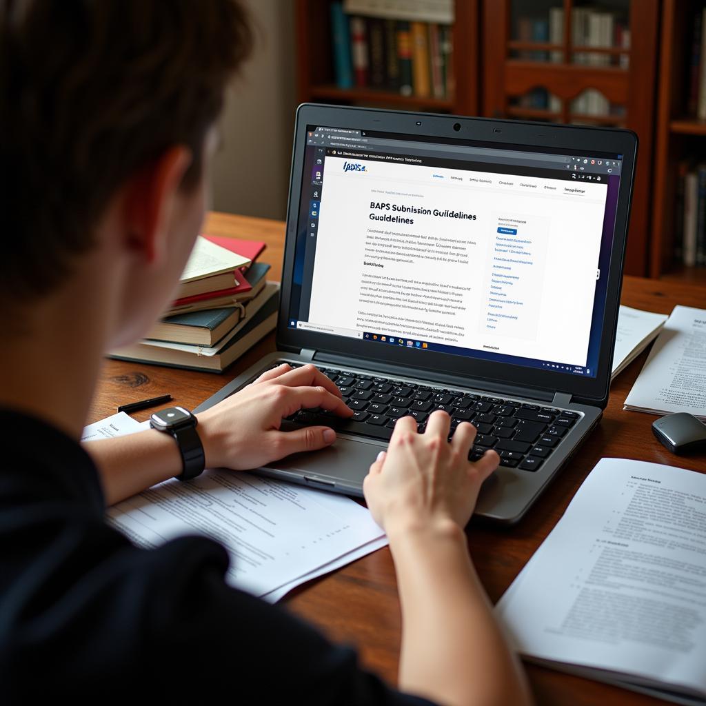 A researcher reviews the submission guidelines for the Bulletin of the American Physical Society on their laptop.